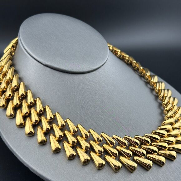 Napier Gold Plated Diagonal Link Triple Line Necklace Heavy Chunky Vintage 1980 - Picture 4 of 9